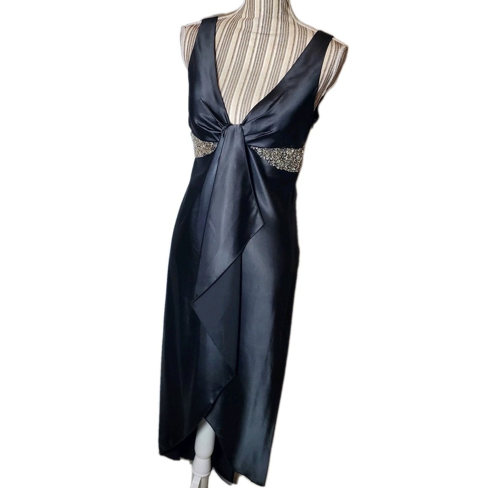 Roberta VTG  Black Slip Dress Front Slit Wrap Sz 7/8  Beaded Detail Assemetrical